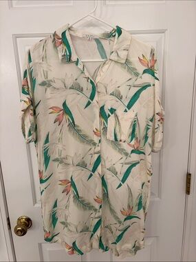 Z Supply Cream Tropical Camp Shirt with Teal & Coral Leaf Print